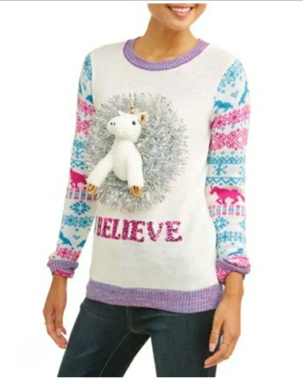 Ugly Christmas Sweater Believe 3D Unicorn Garland Size XXXL (21) No Boundaries